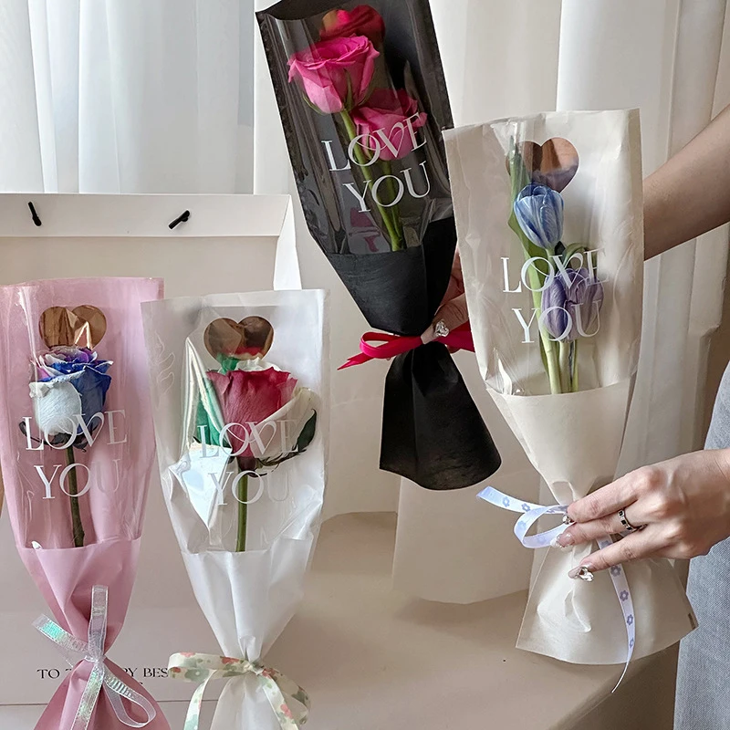 10pcs Single Rose Sleeves Flower Wrapping Bag Bouquet Packaging Bags Clear Cellophane Floral Wrappers For Valentine's Day