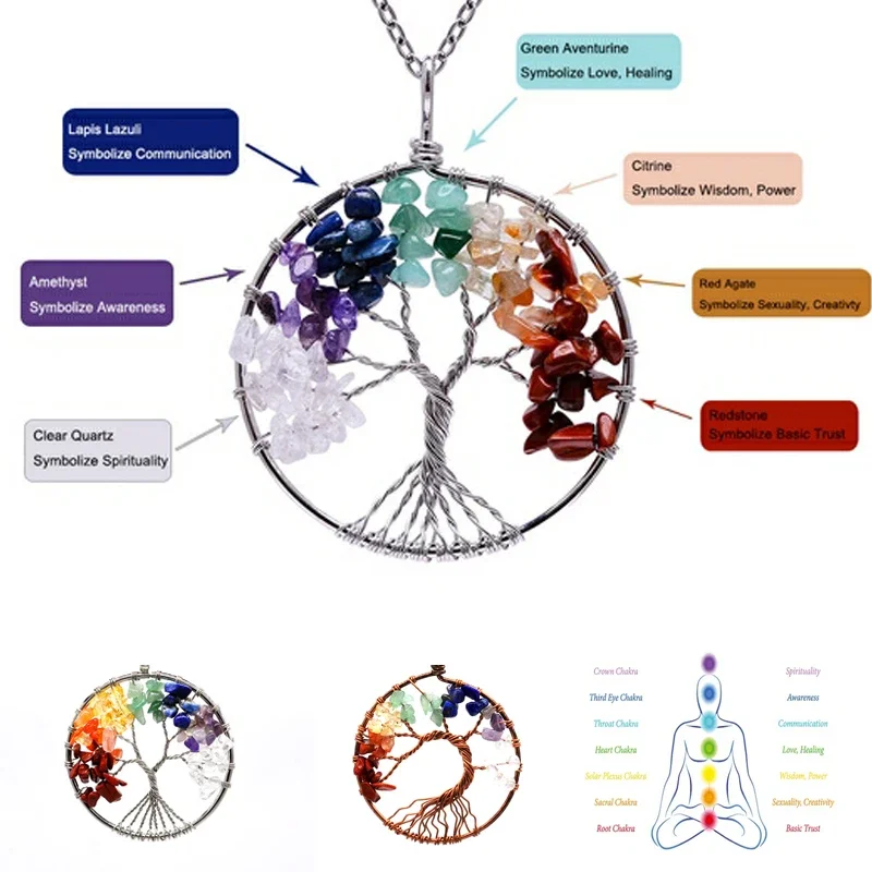 Natural Tree of Life Necklace 7 Chakra Crystal Stone Pendant Handmade Healing Colour Quartz Wedding Jewelry for Women Necklace