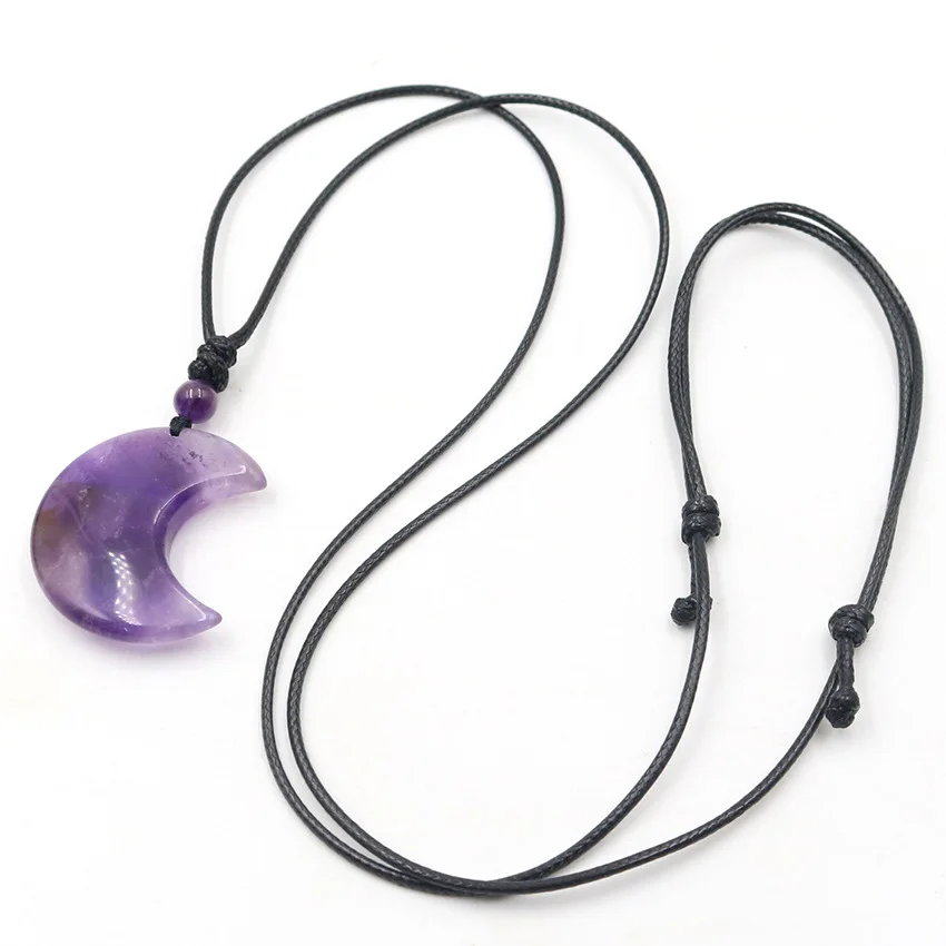 Collar de cuerda de cristal de luna creciente, colgante de piedra Natural, ojo de tigre, amatistas, cuarzo rosa, obsidiana negra, collar envolvente