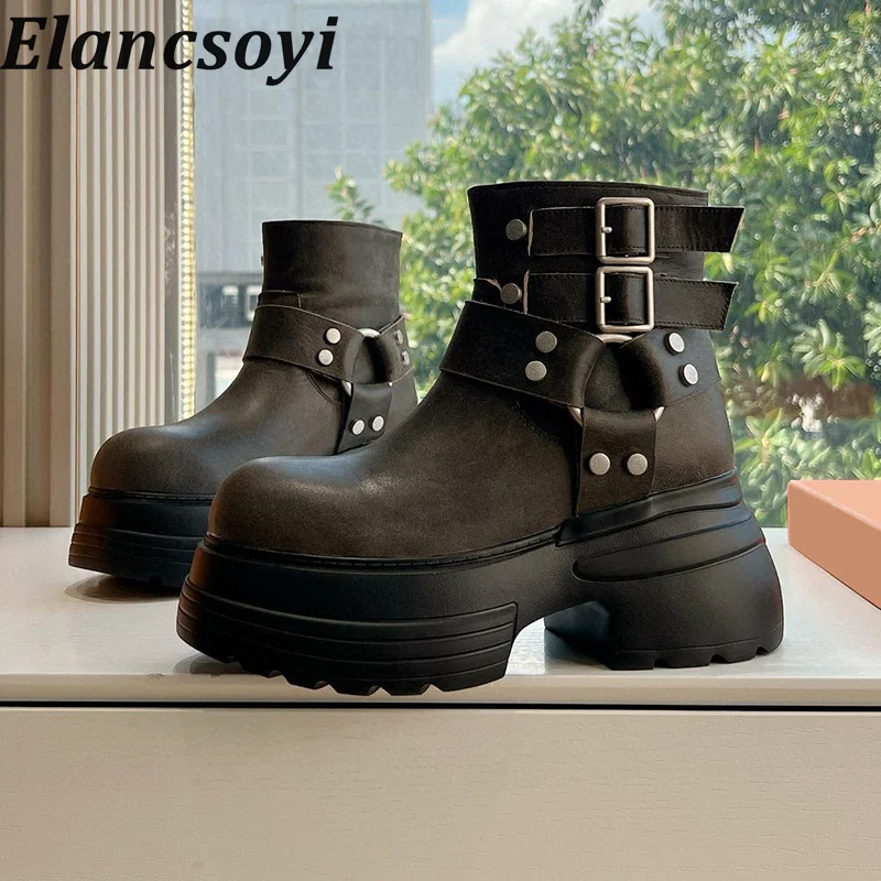 Autumn Winter Thick Soled Height Increasing Short Boots Women Metal Rivet Decoration British Style Ankle Botas Riding Boots