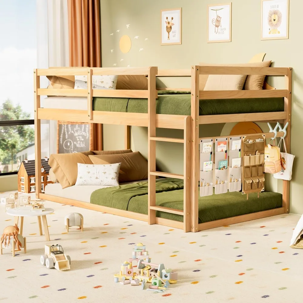 Floor Bunk Bed with Ladder, Twin Bunk Bed with Full Guardrails, Wooden Bunk Bed for Juniors, Boys, Girls, Kids, Bedrooms