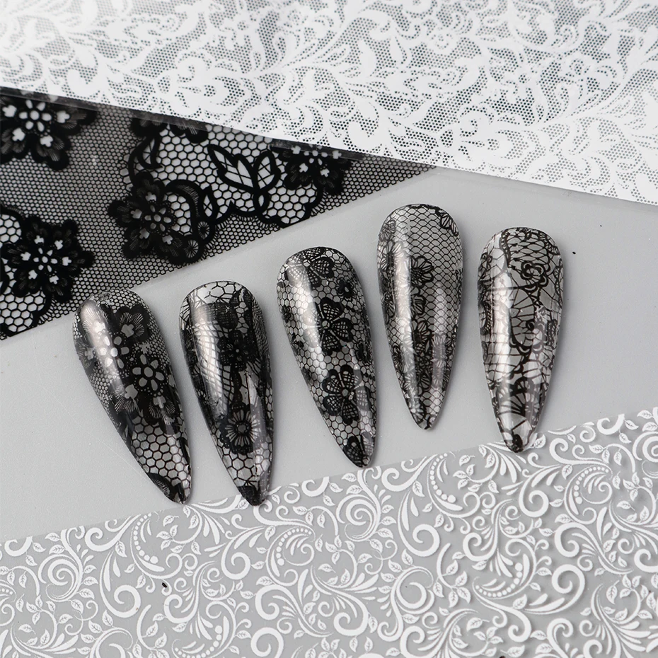 10 Rollen Schwarz-Weiß Spitzen-Nagelfolien-Transferaufkleber Elegante Schwarz-Weiße Spitzen-Fantasie Blumenmuster Sternenhimmel Papier-Nageldekoration – Detail 4