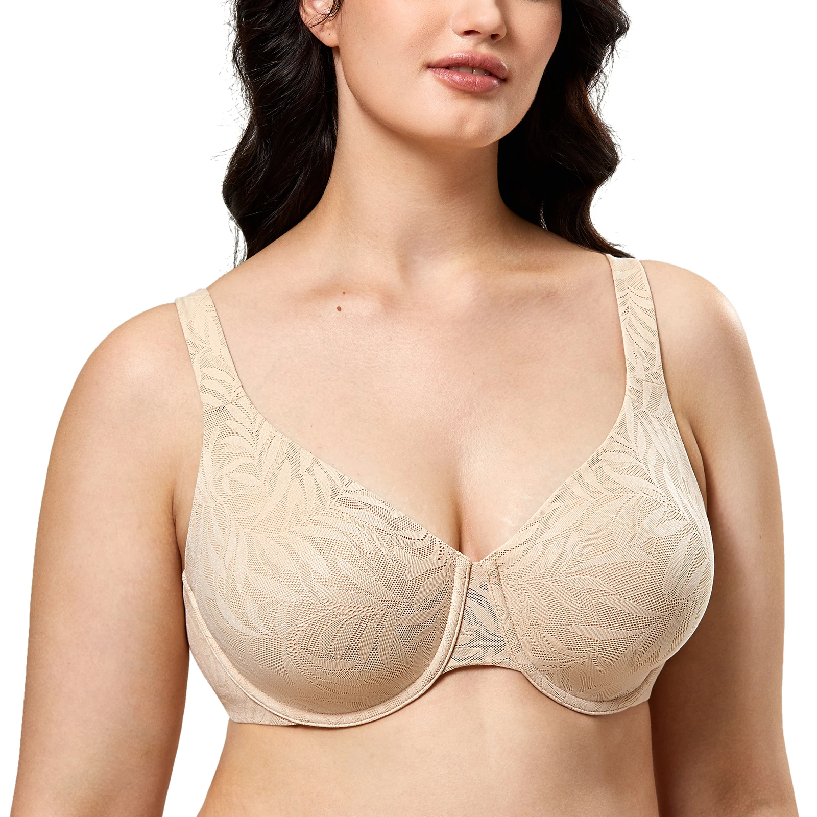 Women\'s Printed Lace Plus Size Full Coverage Underwire Unlined Comfortable Minimizer Bra Black Beige