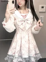 2025 Japanese Sweet Lolita Kawaii Dress Women Spring Printed Bow Fake Two Piece Dress Female Korea Style Design Party Clothing 2