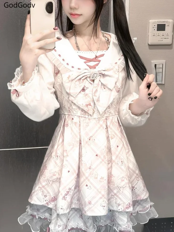 Vestido Lolita Dulce Japonés 2025 Kawaii para Mujer Primavera Estampado con Moño Falso Dos Piezas Estilo Coreano Diseño para Fiesta 2