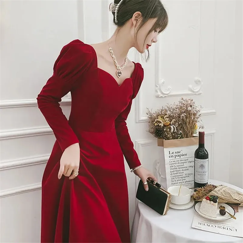 Dress Spring Autumn New Solid Color Square Collar Bubble Sleeve Stitching A Line Long Skirt Temperament Women\'s Clothing M089