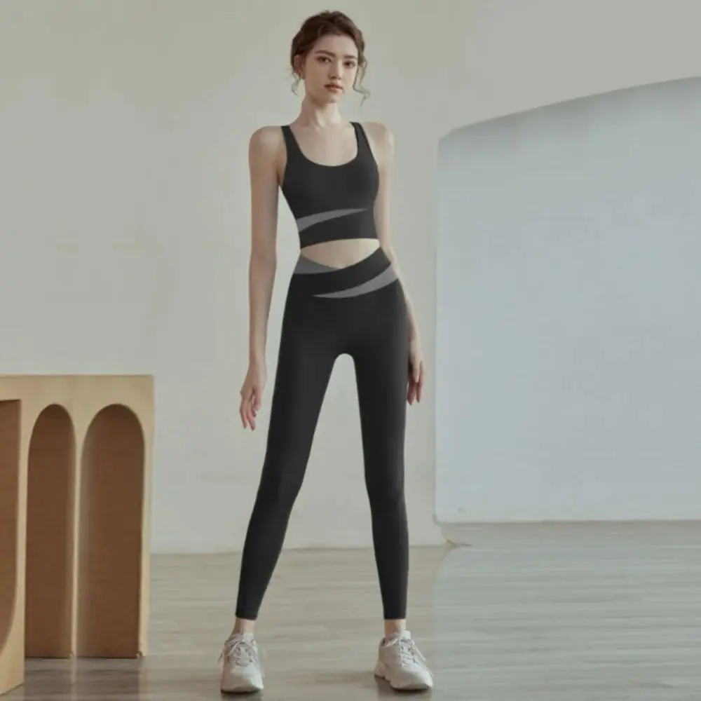 

High Waist Color Block Yoga Set Belly Control Shock-Proof Slim-Fit Workout Outfit Hip Lift Tight Fit Quick-Dry Yoga Suit