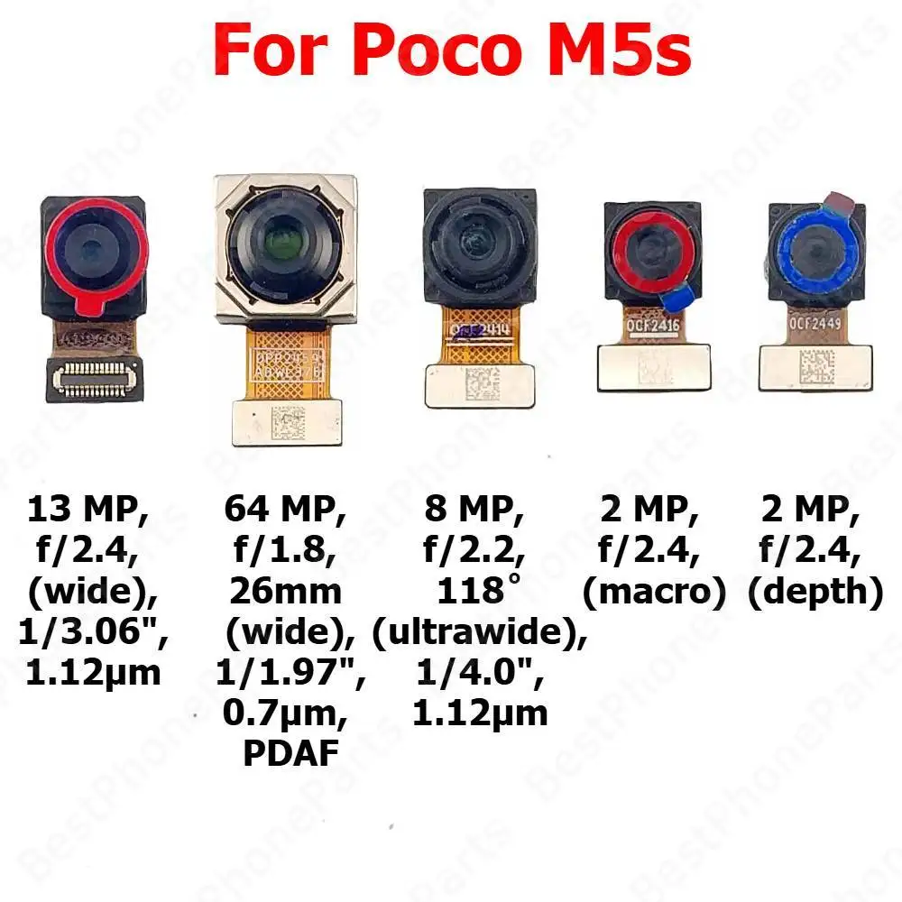 

Камера для Xiaomi Poco M5s, задняя часть спереди, передняя часть, задняя камера для селфи, модуль, запасные части для мобильного телефона