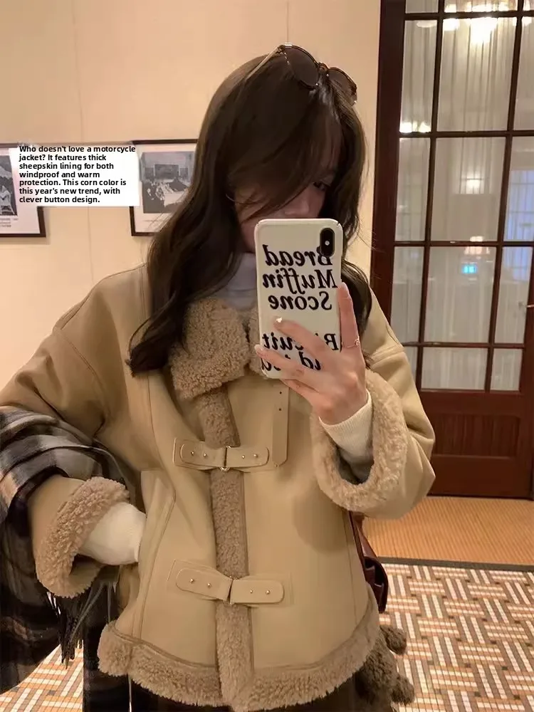 Miaolab Women's Biker Jaet Coat Warmth Inteated Leather And Fur  Hot  Milk Tea Winter New Arrival Loose Fit