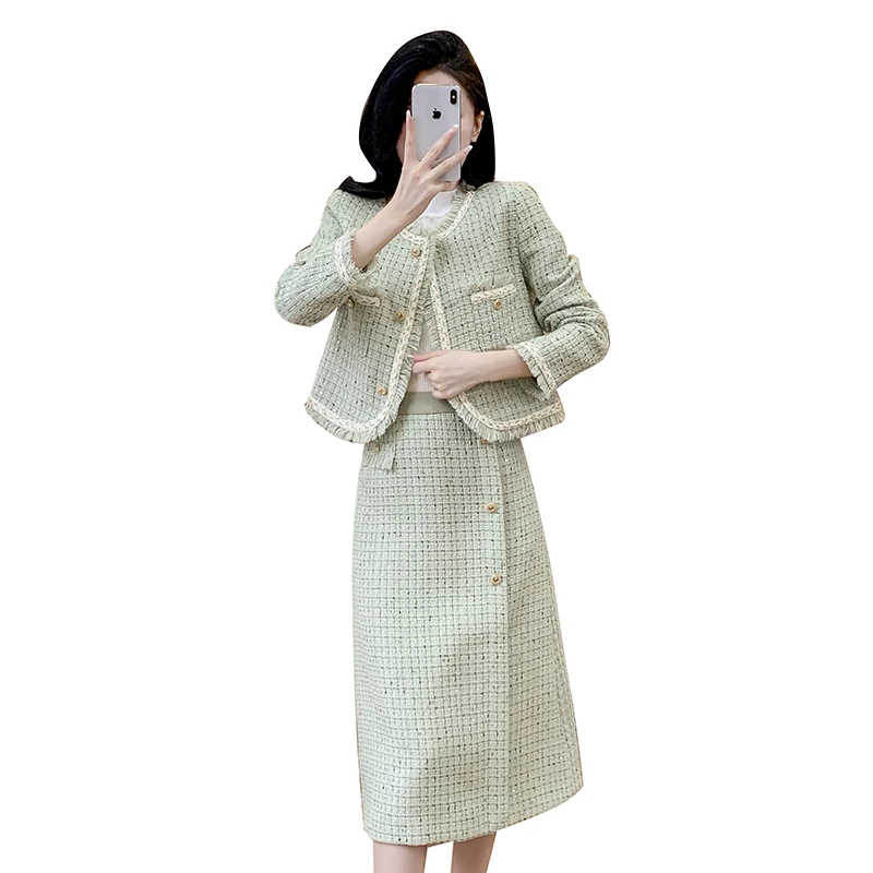 Autumn Winter Women Elegant Light Green Tweed Skirt Suits Fashion Tassel Short Jacket And High Waist Long Skirt Two Piece Set