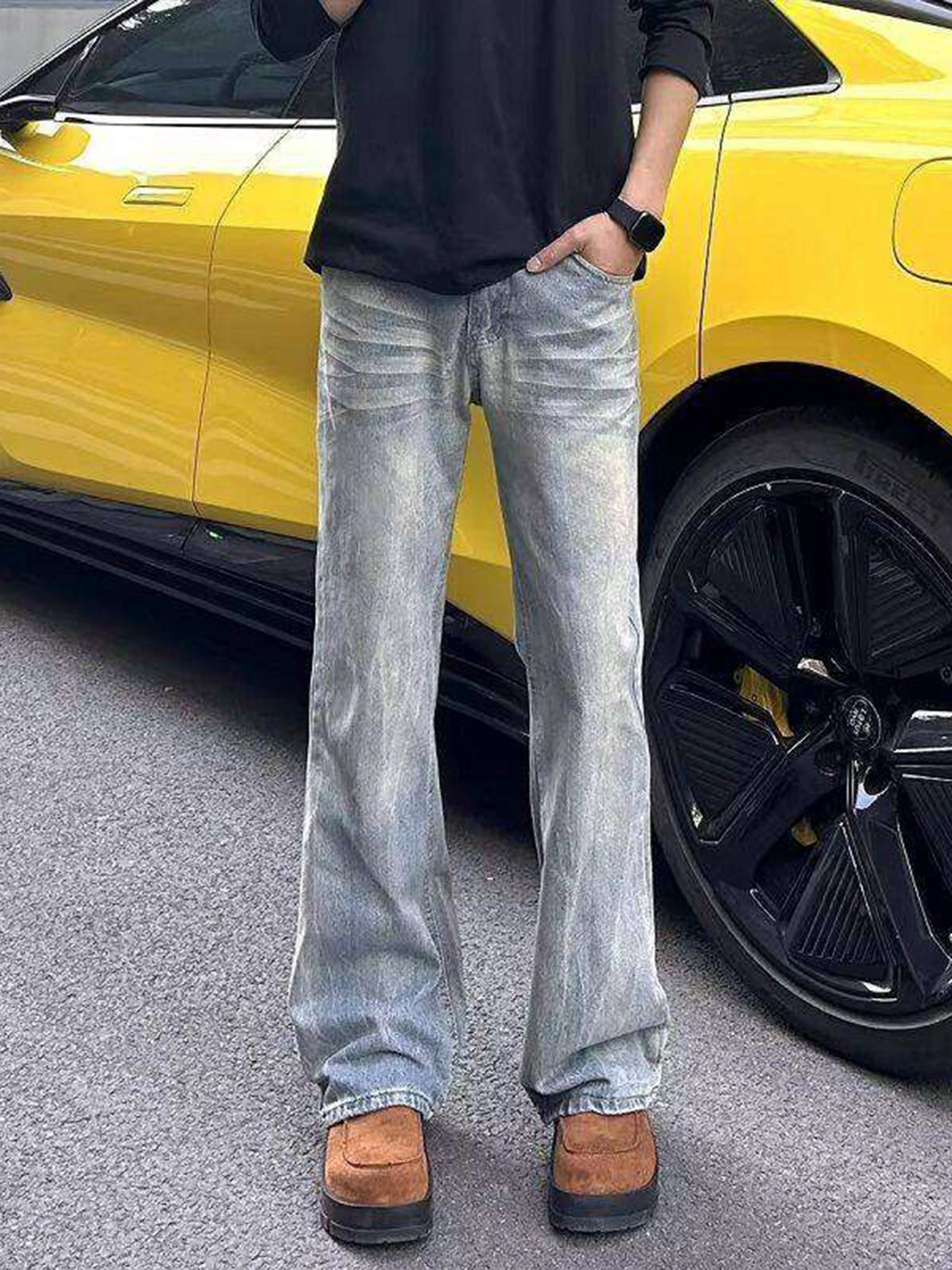 

Мужские расклешенные джинсы в стиле ретро в американском стиле High Street, весна 2026, длинные прямые брюки CleanFit на подкладке, повседневные брюки на молнии со средней талией