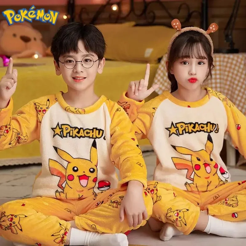 Cartoon Pikachu Pajamas Warm Children'S Flannel Pajama Set Winter Winter Boys Girls Coral Fleece Sleepwear Home Cloth