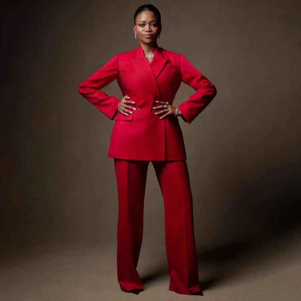 

Formal Red Women's Suits Elegant Regular Length Blazer High Quality Double Breasted 2 Piece Jacket Pants Female Office Lady Sets