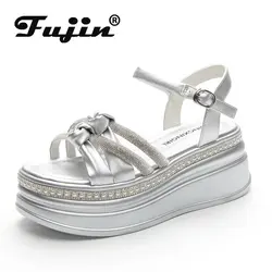 Fujin 7.5cm Genuine Leather Rhinestone Summer Bling Slippers Luxury Platform Wedge Flats Leisure Sandals Elegance Women Shoes