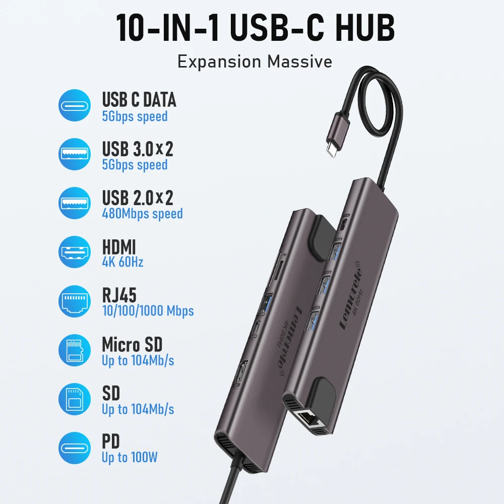 Imagem -03 - Hub Usb 10in 4k 60hz Hub Usb c Usb c Usb 3.0 Rj45 1000mbps Pd100w sd tf para Macbook Laptop Acessórios Lemorele-tc46