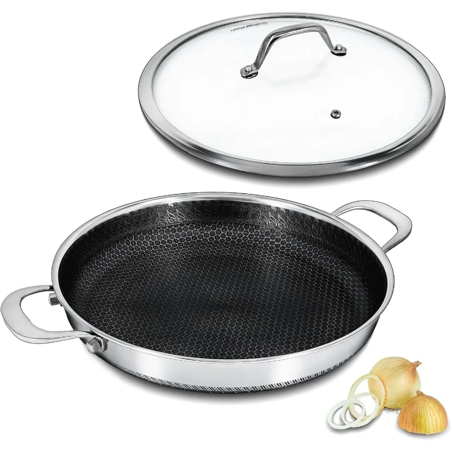 Sartén antiadherente híbrida con tapa, sartén Paella de acero inoxidable de 13 pulgadas con dos asas, sartén multifuncional, lavavajillas y horno Sa