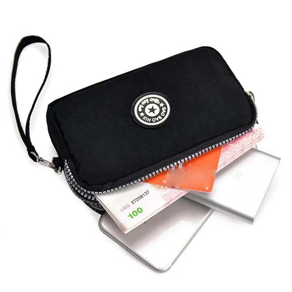 Women Long Zipper Purse Handbag Multicolor Three Layer Nylon Wallet Waterproof Mobile Phone Bag With Lanyard Wrist Bag