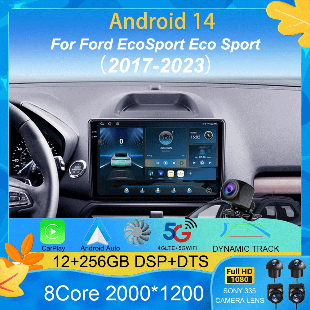 Autoradio Android 14 Per Ford EcoSport Eco Sport 2017 - 2023 GPS Carplay Lettore multimediale Navigazione Audio stereo DSP Unità principale