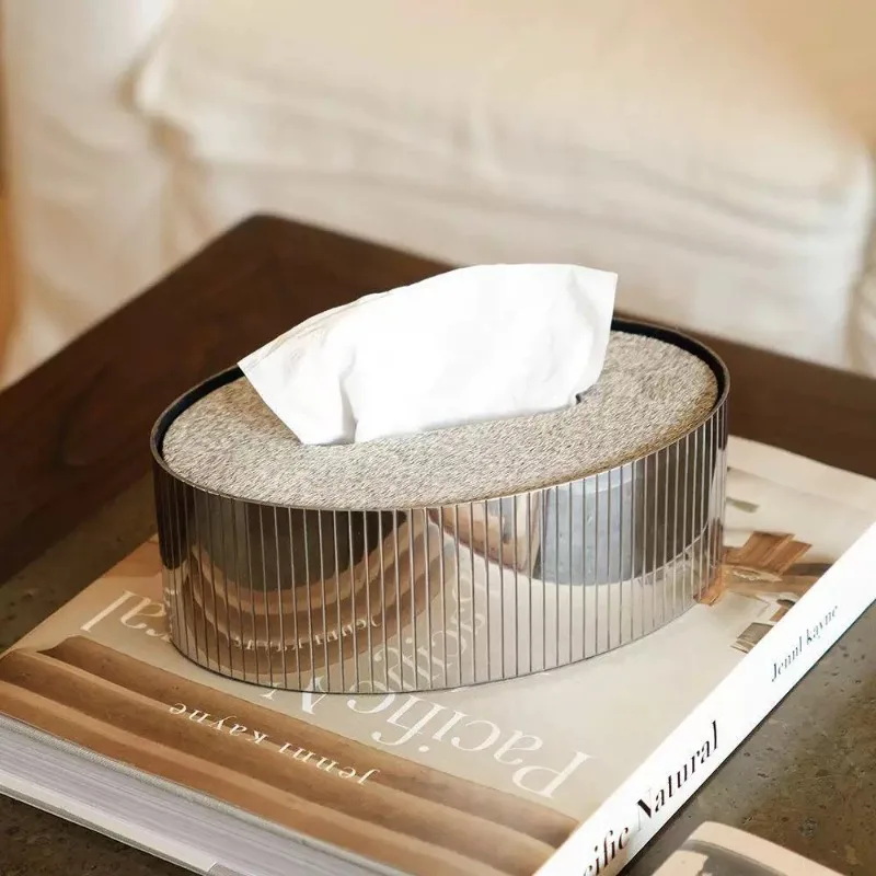 

Modern light luxury striped stainless steel horsehair tissue box, high-end home soft furnishing desktop with tissue box ornament
