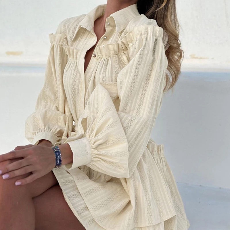 Elegante bordado jacquard crochê gancho vestidos de manga comprida primavera verão feminino colarinho camisa oca bolo mini vestidos