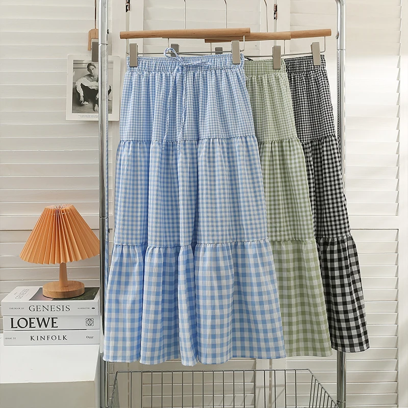 

Japanese Style Patchwork Plaid Skirts Women Summer High Waist Drawstring Lace-up Mid Long Skirts Fresh Sweet Gentle A-line Skirt