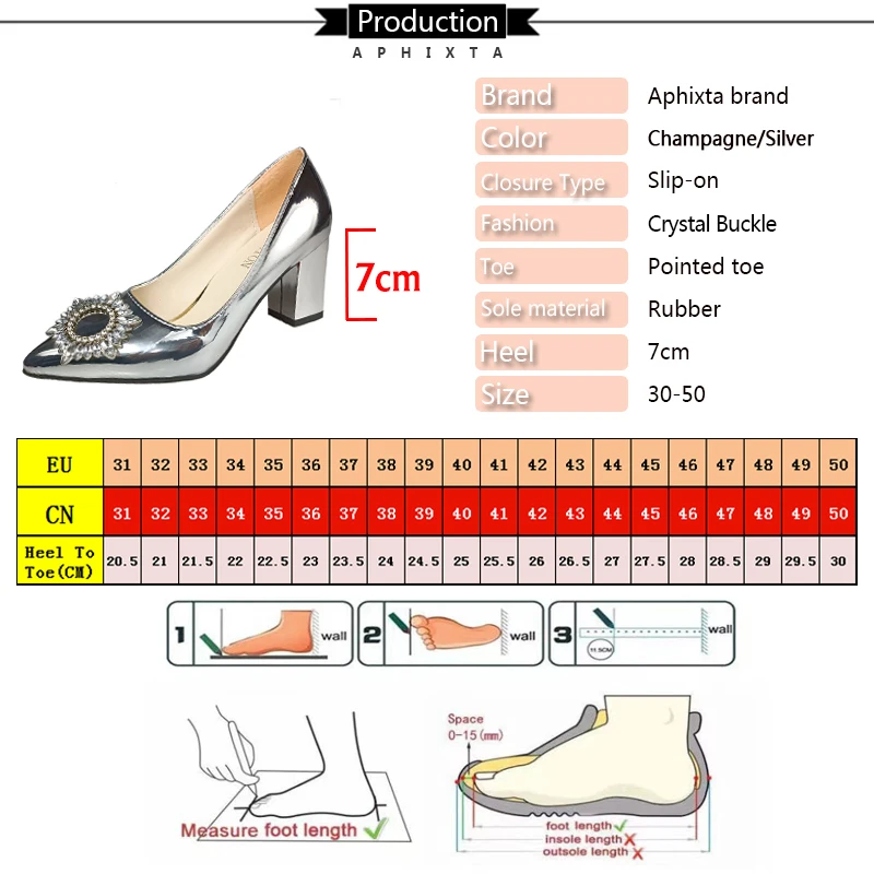 Aphixta Fashion Bling Champagne 7cm Chunky Heels Pumps Women Shoes Luxury Crystals Sun Buckle Party Wedding Super Big Size 30-50