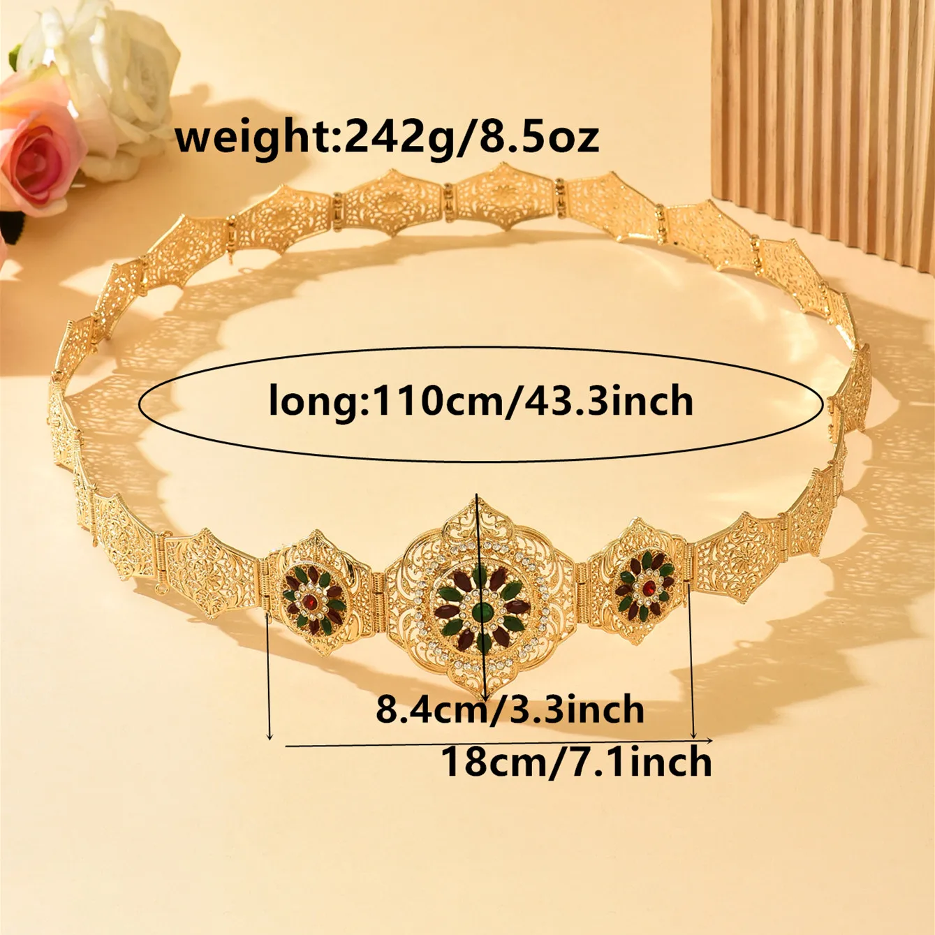 Gold Plated Belt Lady Metal Hollow Flower Waist Chain Length Adjustable Moroccan Wedding Dress Body Jewelry Luxury Kaftan