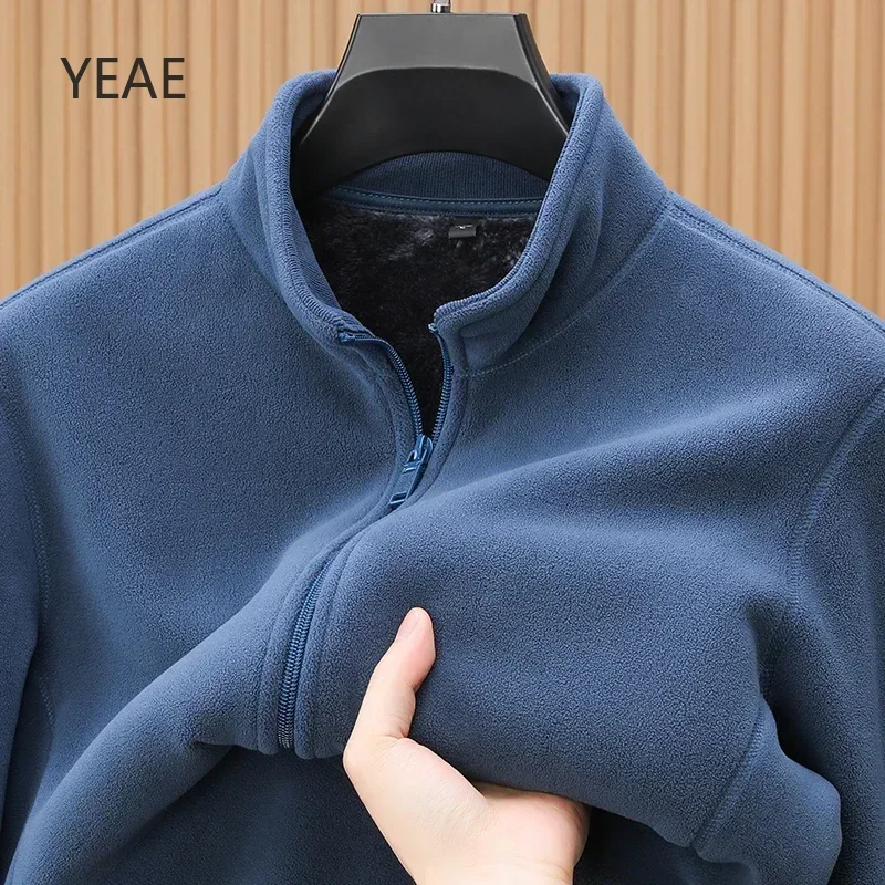 YEAE 2024 Polar Fleece Men's Jacket Autumn and Winter Plus Velvet Thickened Stand Collar Zipper Cardigan Top Clothing Coat New