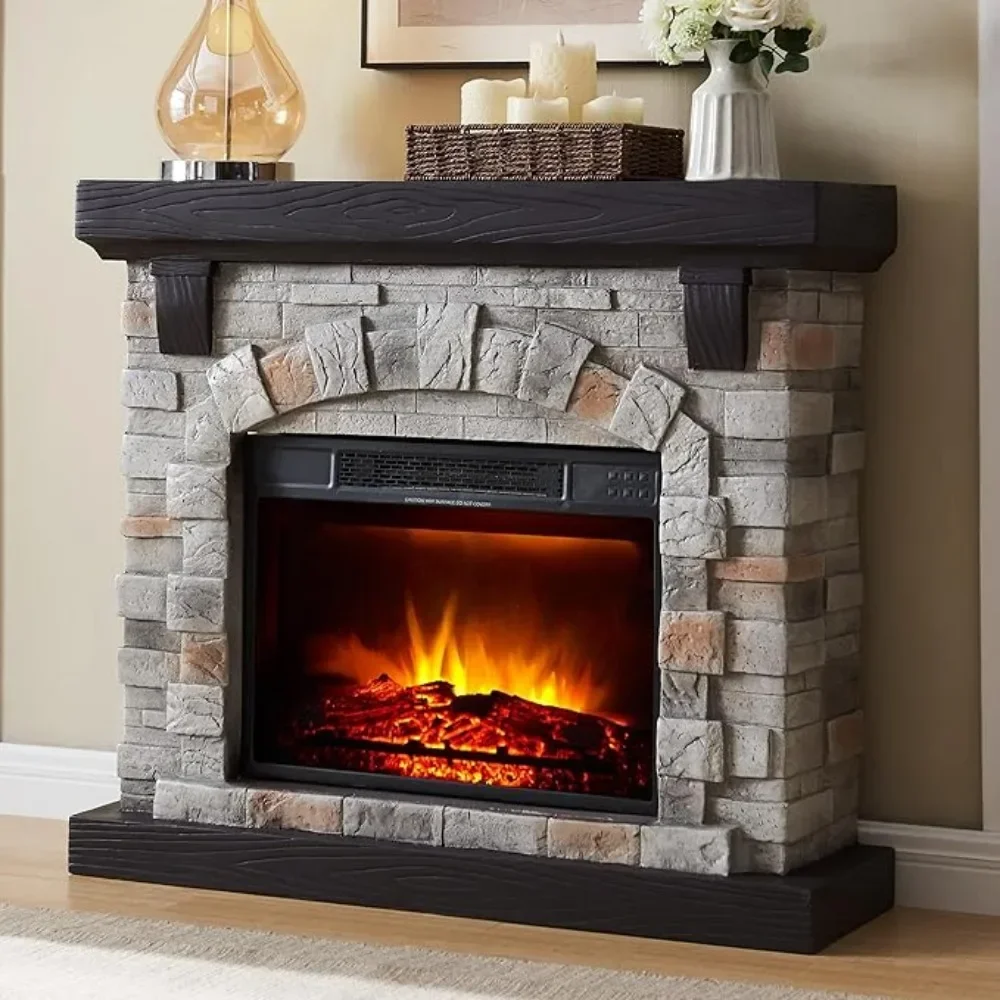 Electric Fireplace with Mantel, 40”W Faux-Stone Fireplace Mantel，Tall Fire Place Heater Freestanding with LED Flame, Gray