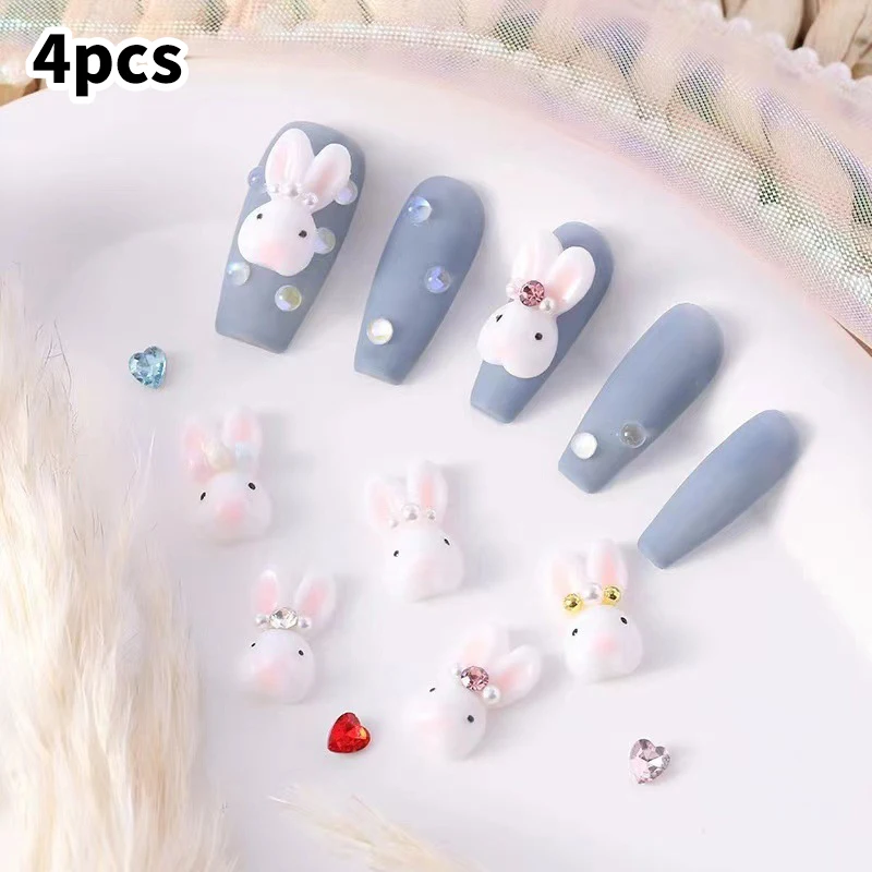 4 Pcs Rabbits Nails Accessories Mini Bunny Pearl Drill Nail Charms 3d Kawaii Resin Ornaments For Manicure Diy Decorations