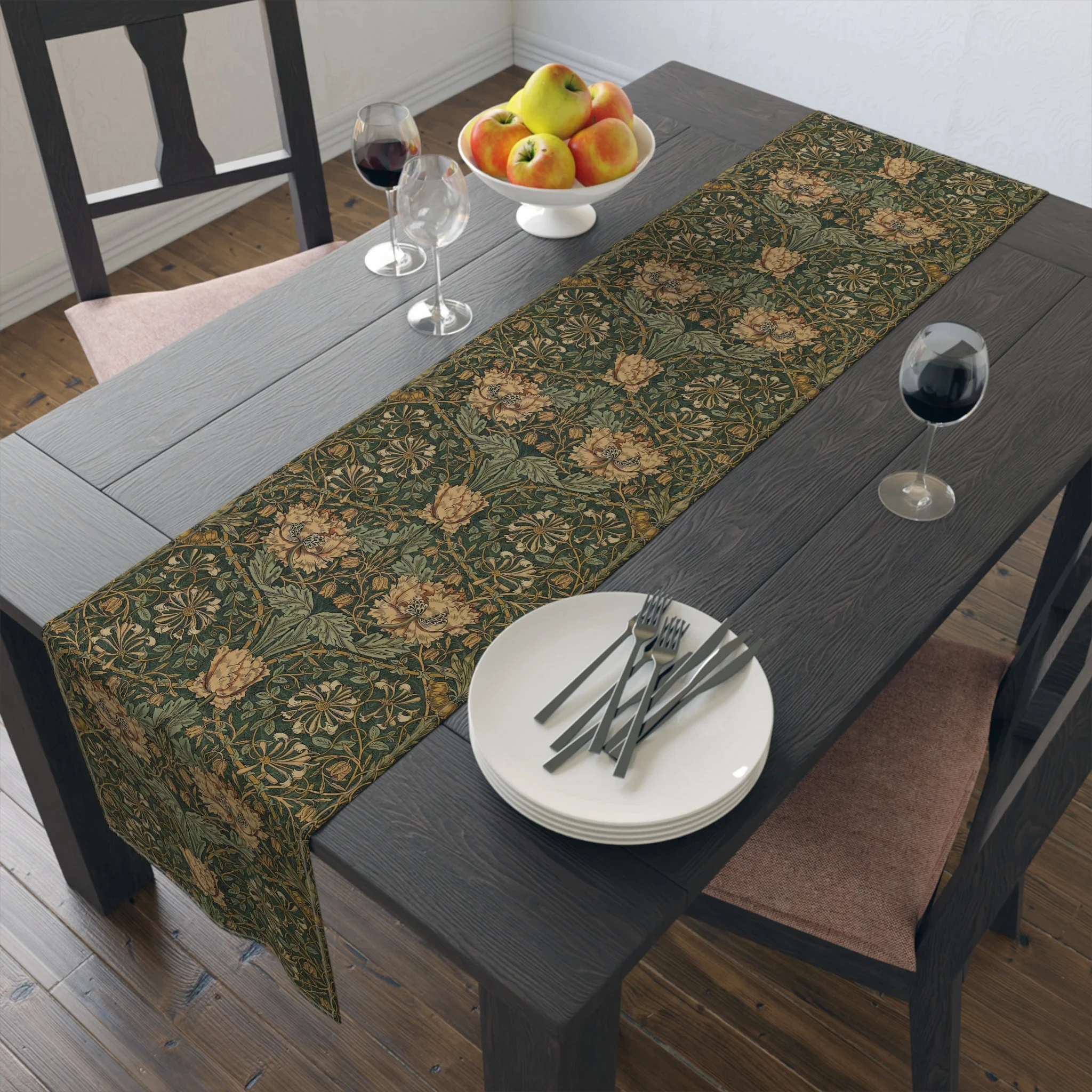 1PC William Morris Honeysuckle Table Runner, Floral Pattern, Mid-Century Modern & Arts Crafts Style