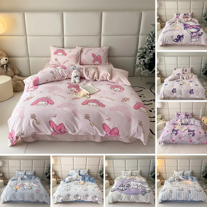 New Sanrio Milk Velvet Bedding Set Cinnamoroll My Melody Kuromi Winter Thickening Warm Flannel King Queen Duvet Cover Bed Sheet