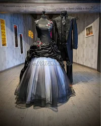 Medieval Black White Court Wedding Dress Classic Rococo Pleated Cubic Floral Embroidery Lace Up Tiered Tulle Gothic Bridal Gowns