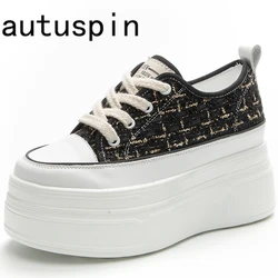 AUTUSPIN 8cm Flat Platform Women Hidden Heels Summer Autumn Ladies Fashion Sneakers Round Toe Weave Fabric Casual Chunky Shoes