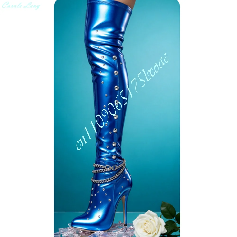 Bright Yellow Shiny Leather Over the Knee Boots Metal Chain Strap Round Rivets Studded Sexy Hot Long Boots Stiletto High Heel