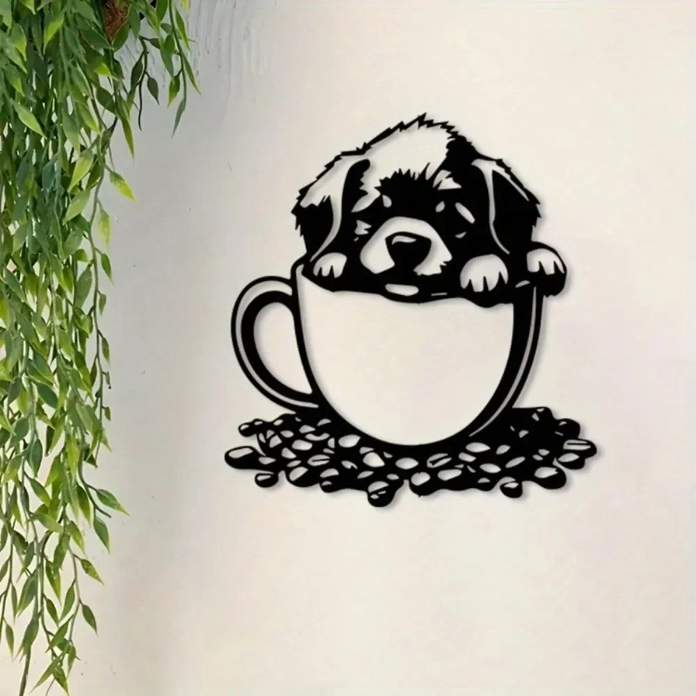 1Pc Vintage Dog in Coffee Cup Metal Wall Art,2D Flat Laser‑Cut Silhouette,Retro Iron Wall Mural,Kitchen Cafe Dining Room Wall