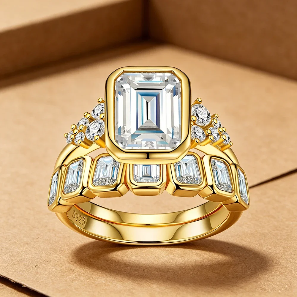 QIBAOKU 3CT Bezel Set Emerald Moissanite Ring Sets 100% S925 Silver for Women Men Eternity Band Weddng Gifts Fine Jewelry 2026