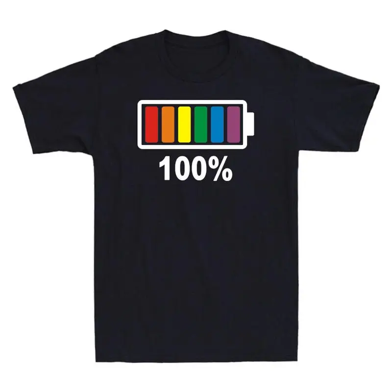 Lgbt Gay Novelty Pride Rainbow 100 Full Battery Mock T-shirt Black Humorous Dress up Casual T-shirt