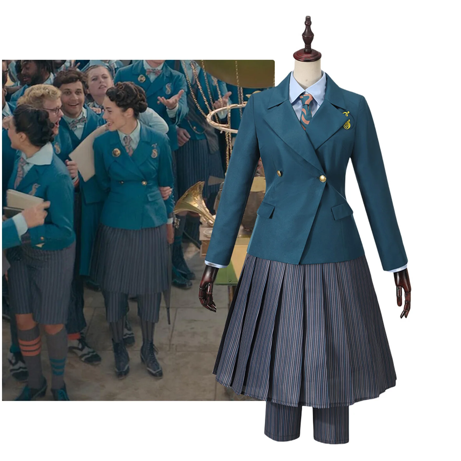 Glynda Elphaba School Uniform Cosplay Costume Blue Shirt Green Coat with Dress Full Set for Halloween Christmas Party