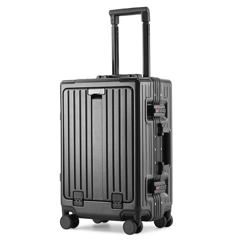 

Aluminum Frame Travel Suitcase Trolley Case Universal Wheel Multifunctional Front Open Lid Rolling Luggage Folding Cup Holder