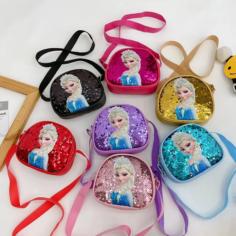 Disney New Princess Series Crossbody Bags Frozen 2 Elsa Sofia Cartoon Shoulder Bag for Girls Fashion Sequins Handbags Kids Gifts