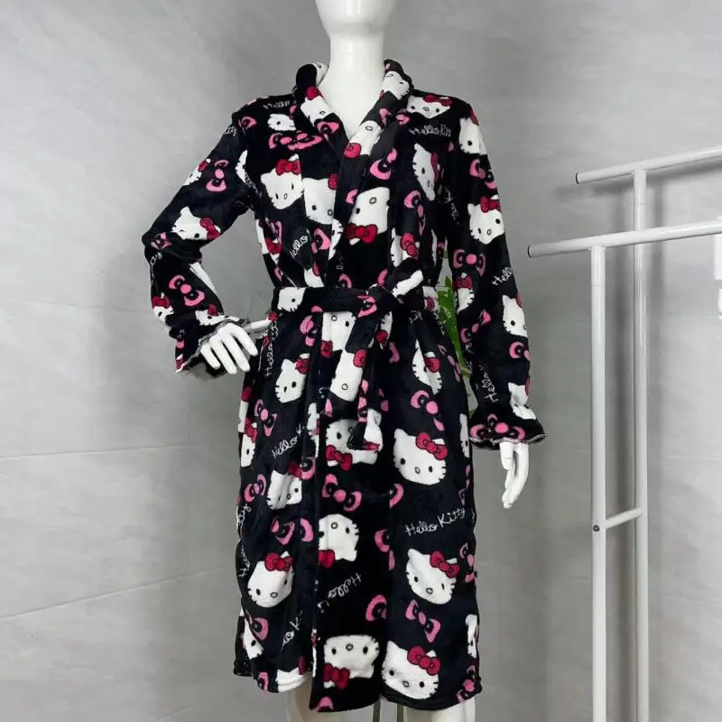 Nightgown Hello Kitty New Autumn Winter Warm Mid-Length Bathrobe Women's Warm Pajamas Home Clothes Can Be Worn Outside The Robe