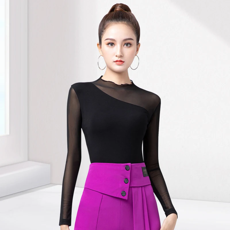 

2025 Новый женский сетчатый топ с высоким воротом и длинными рукавами для латинских танцев, топ для современных танцев, костюм для бальных танцев, одежда для латинских танцев, топ DQL11258