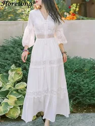 Horetong Hollow Out Design White Dress For Women V-neck Long Sleeve High Waist Party Gown Autumn Fashion Elegant Holiday Dress