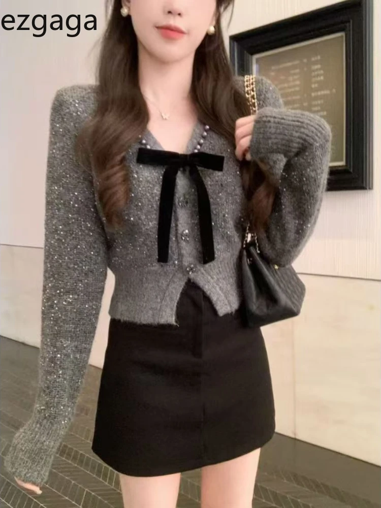 

Ezgaga Cropped Cardigan Women Autumn Winter Elegant Bow V Neck Sweet Fashion Pearl French Style Chic Knitted Sweater Female