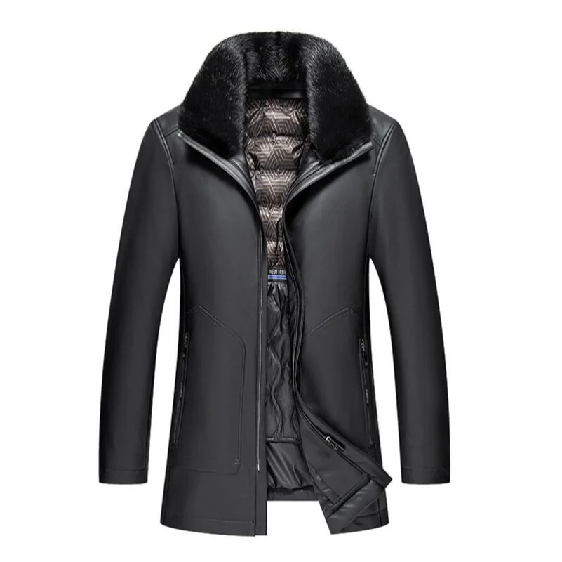 

Зимний мужской пуховик из натуральной кожи среднего возраста высокого качества со съемной подкладкой на белом утином пуху средней длины