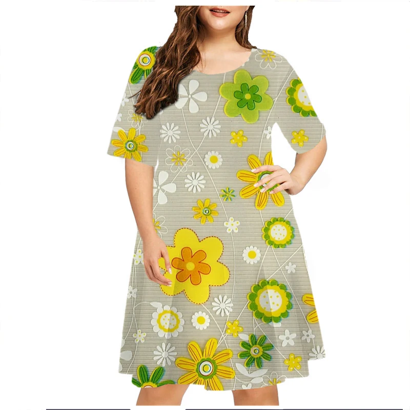 5XL 6XL Plus Size Women Dresses Summer Floral Print Dress Fashion Flower Power Hippie Short Sleeve Loose Dress Sundress Vestidos