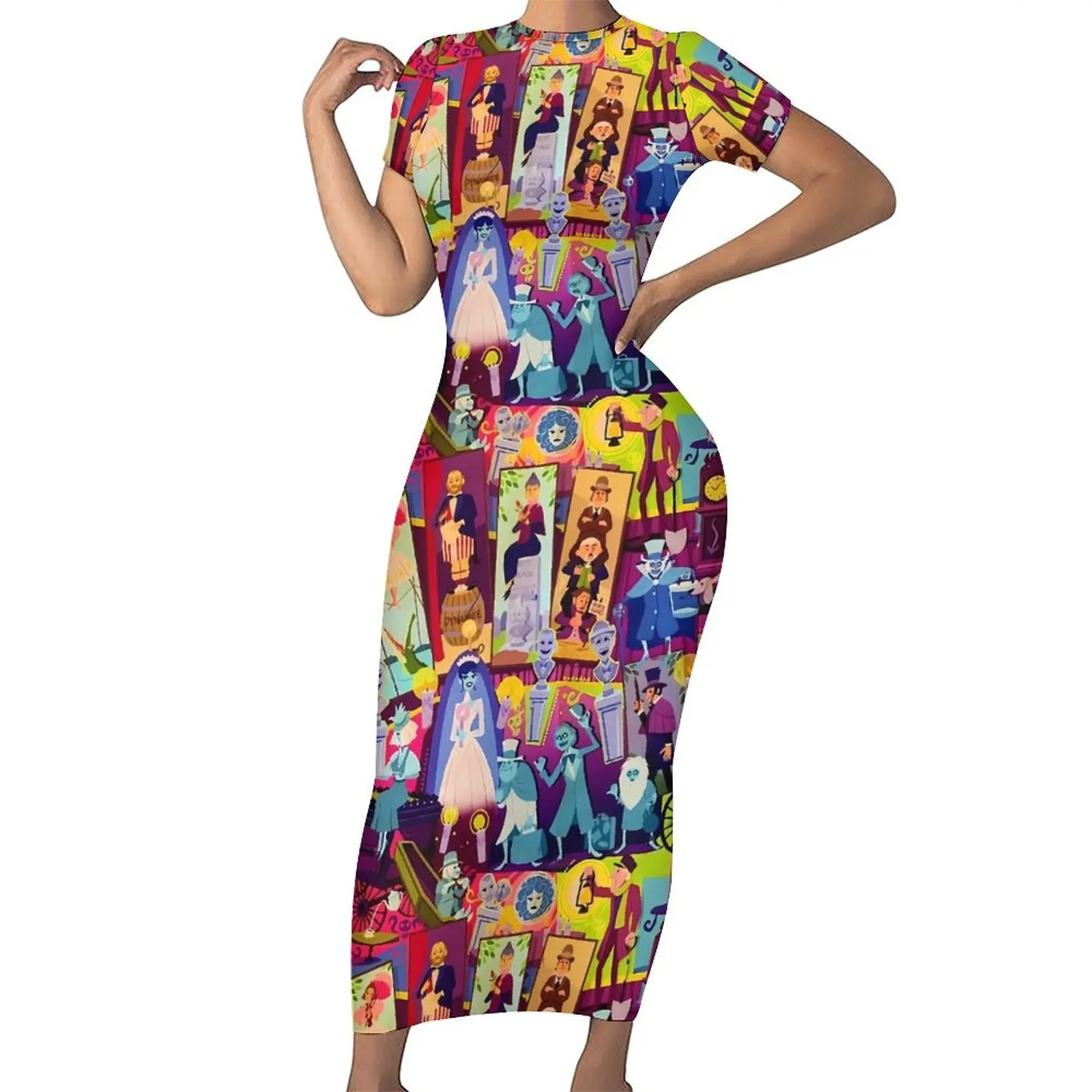 Haunted Mansion Dress Short Sleeve Retro Mansion Collage Club Maxi Dresses Spring Aesthetic Graphic Bodycon Dress Big Size