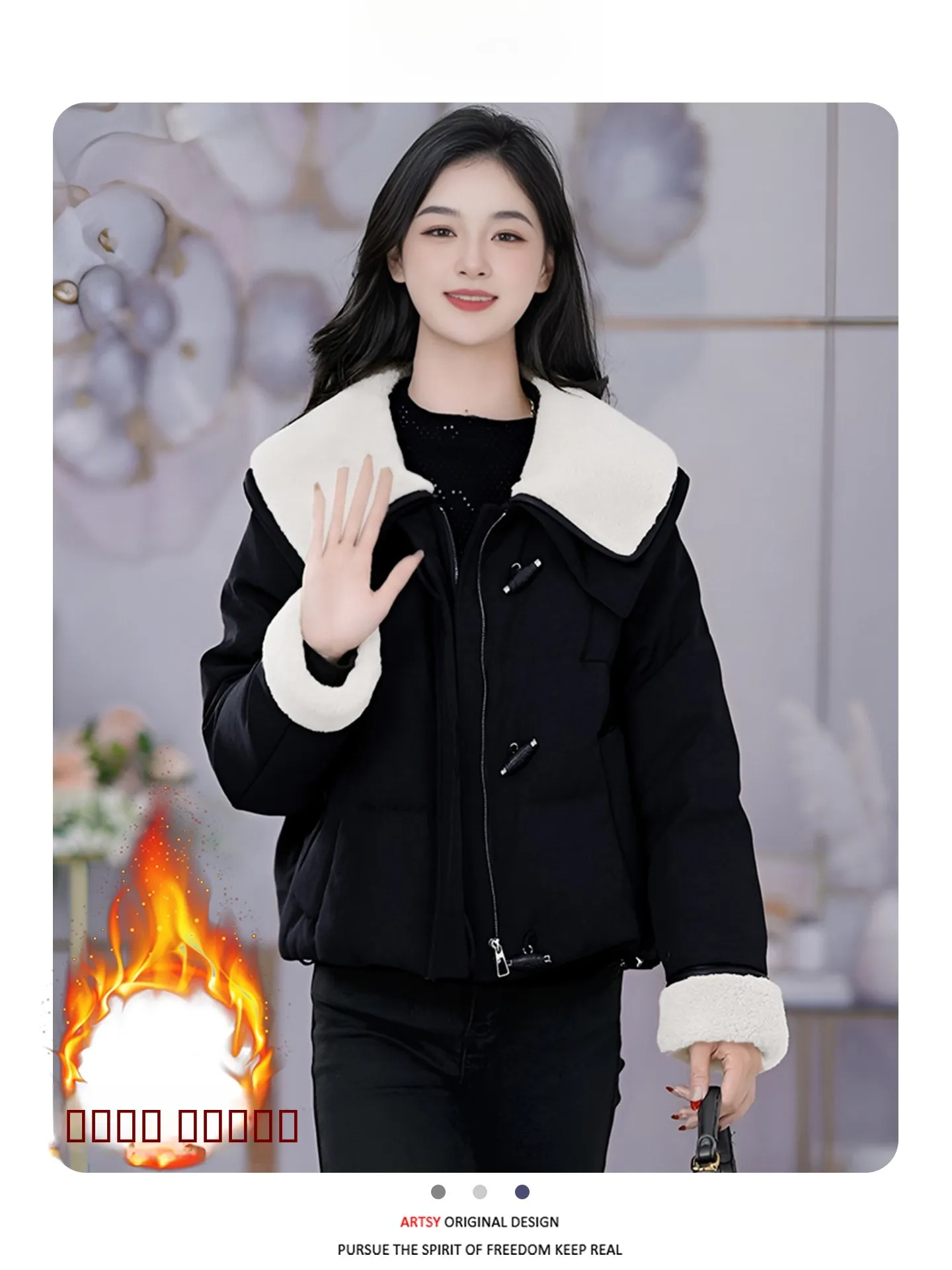 

Thiened Cotton Jaet Women's ort Sle Faionable Warm Outerwear Zipper Closure Korean Version Loose Fit Pure Color