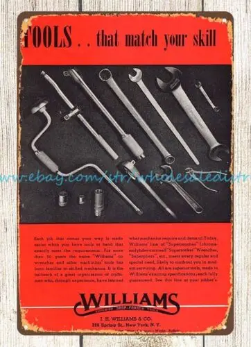 bar club  1938 Williams New York Drop Forged Tools Pliers Wrench metal tin sign